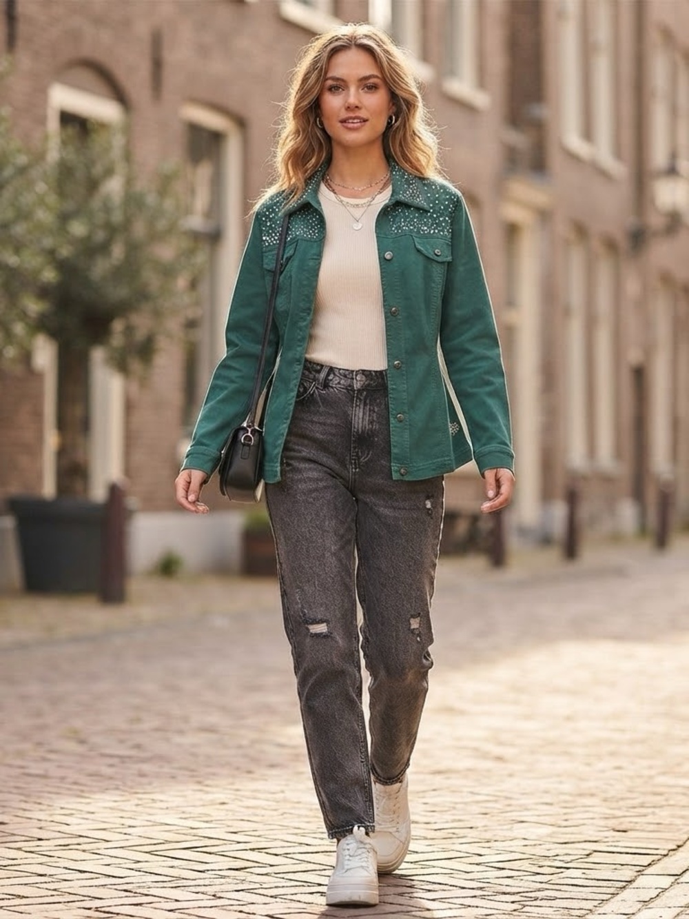 Vintage Green Rhinestone Cotton Denim-Style Button Down Jacket